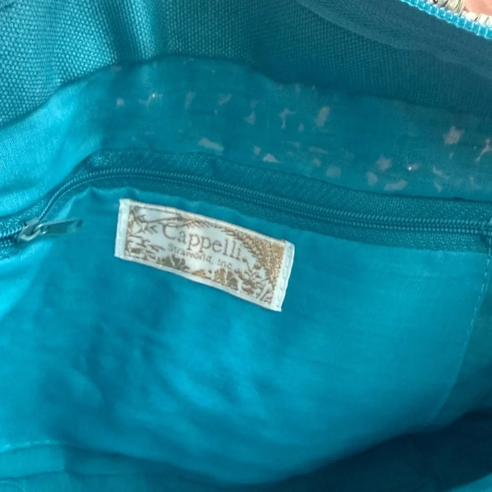 Cappella Straworld Boho Beach Bag Tote Zipper Closure Handwoven Teal Crochet